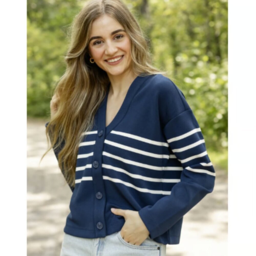 NWT SPANX Air Essentials Cardigan Navy Stripe Size XS